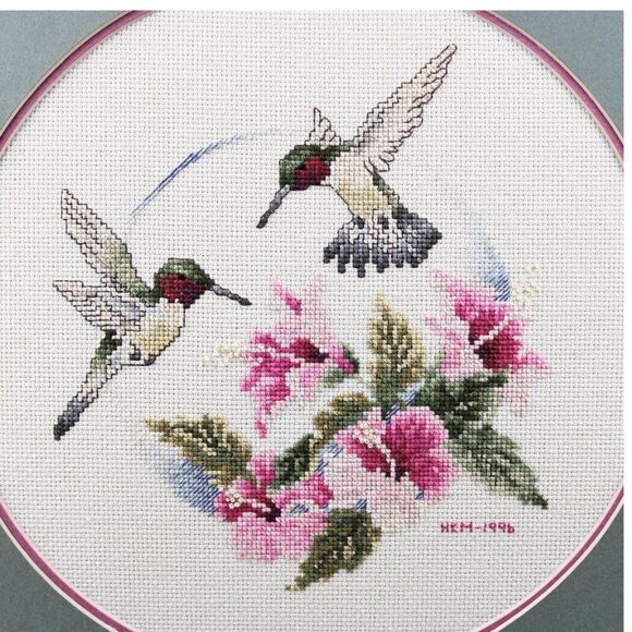Vintage Needlepoint Hummingbirds Pink Flowers Embroidery Framed Art Signed 1996 - Picture 2 of 6